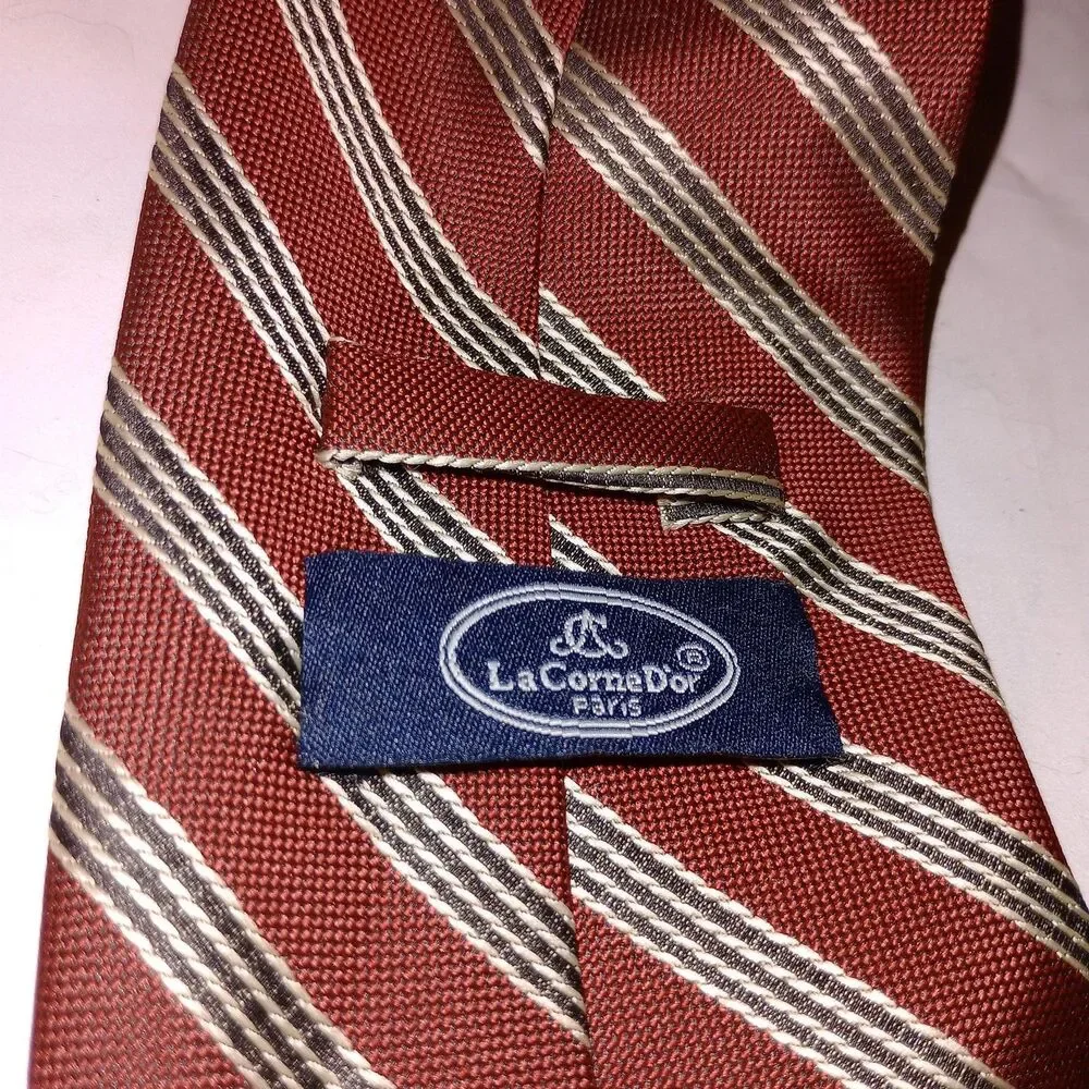La Corne D'or Paris Tie Mens One Size Red Striped Woven Necktie Classic Pattern